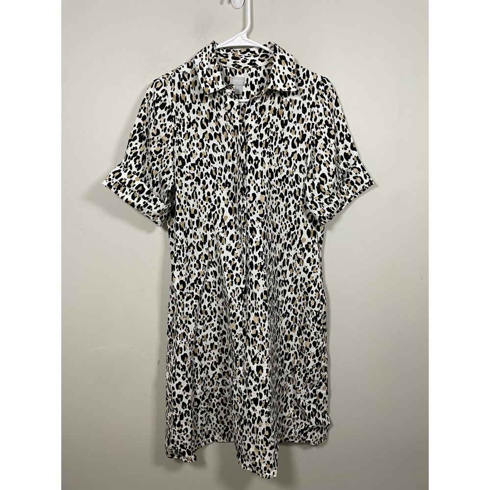 Chico's Leopard Print Linen Shirt Dress Size 4 Casual Summer Essential Classic